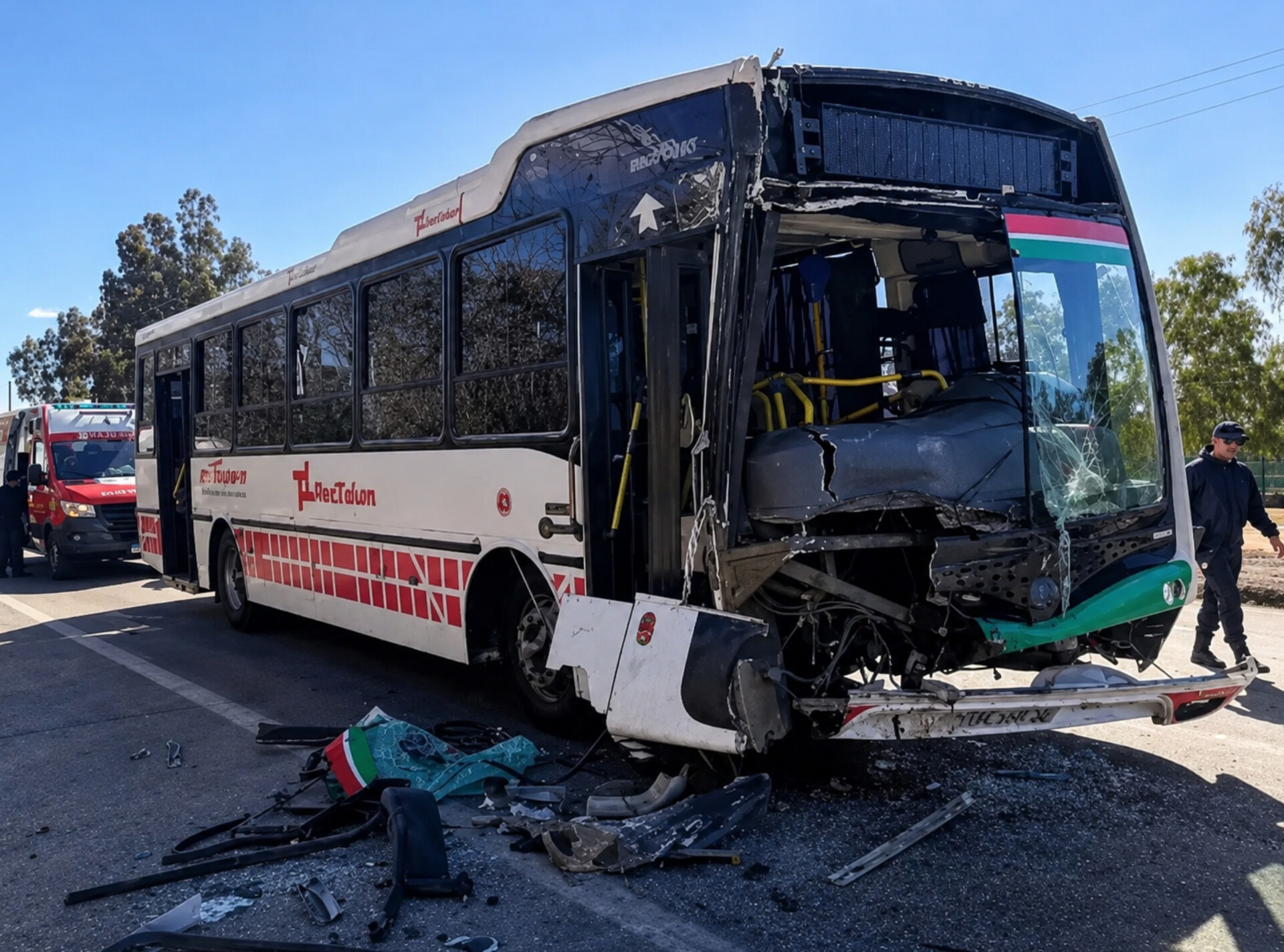 Choque entre un colectivo y un camion en Ruta 20